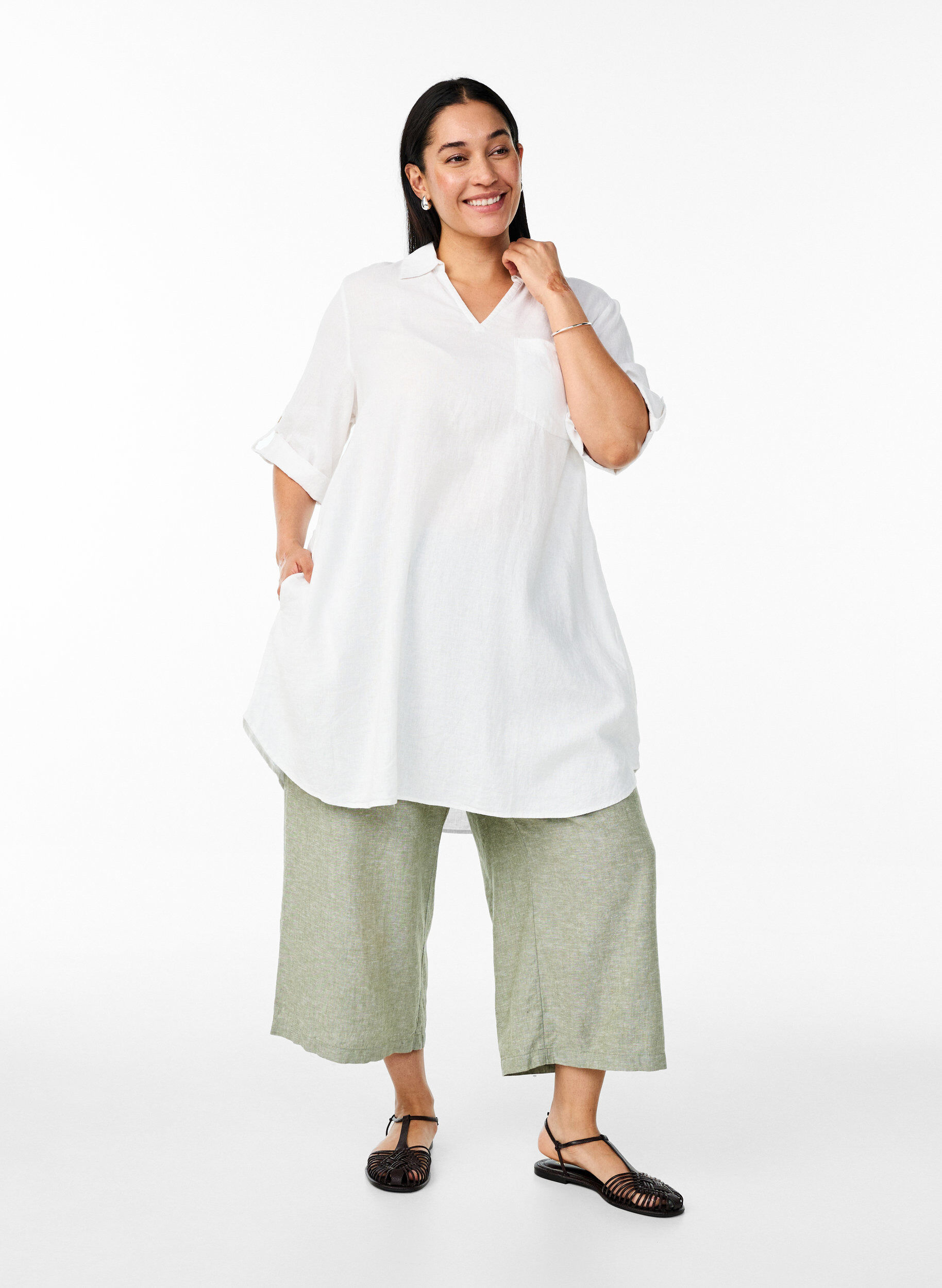 Zizzi Pantalons &eacute;chancr&eacute;s en lin et viscose, Vert, Model image number 0