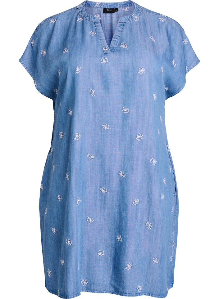 Robe en lyocell avec un aspect denim et des fleurs brod&eacute;es, Bleu Clair, Packshot image number 0