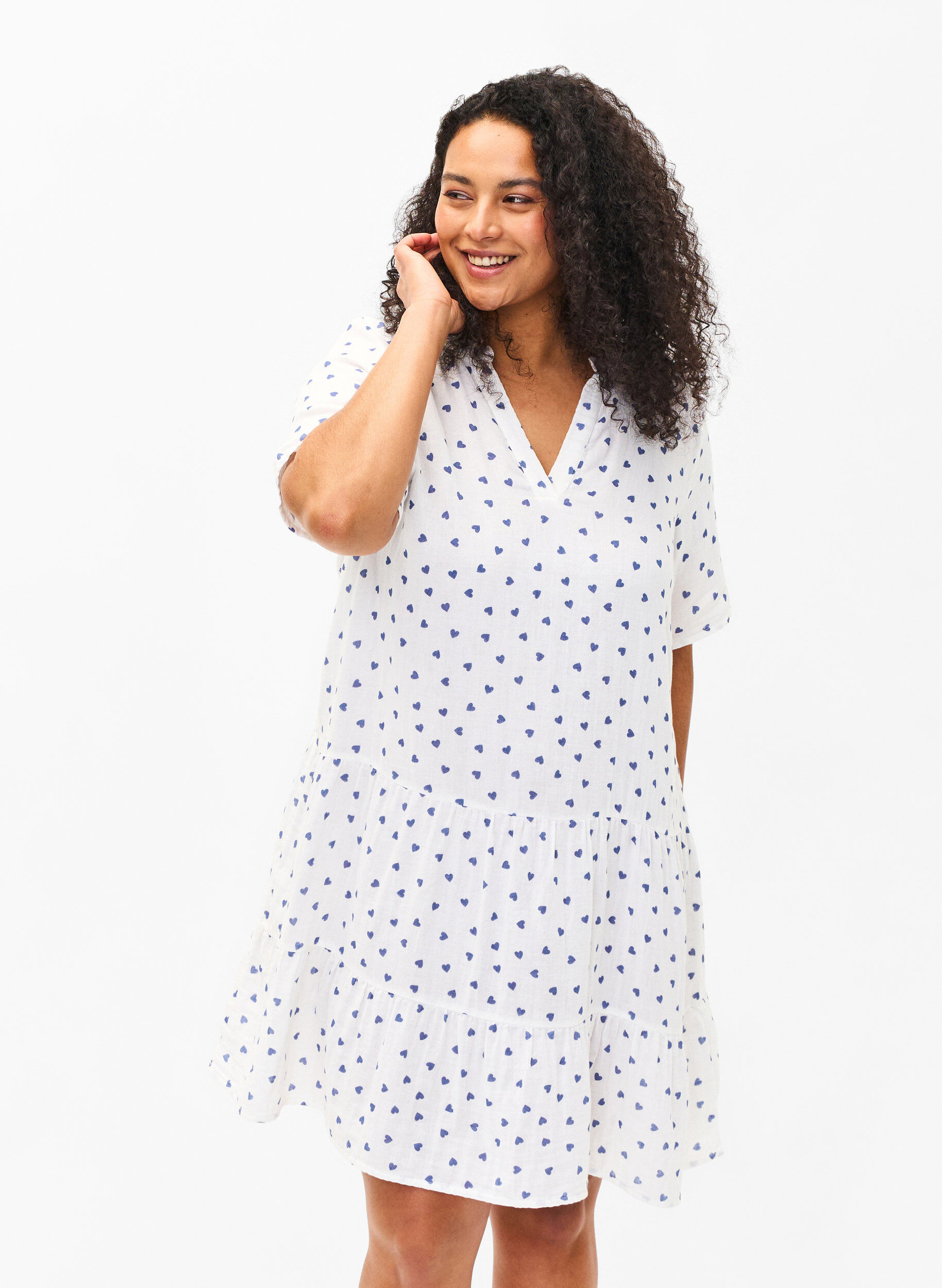 Zizzi Robe en coton avec imprim&eacute; c&oelig;ur, Bright White Heart, Model image number 0