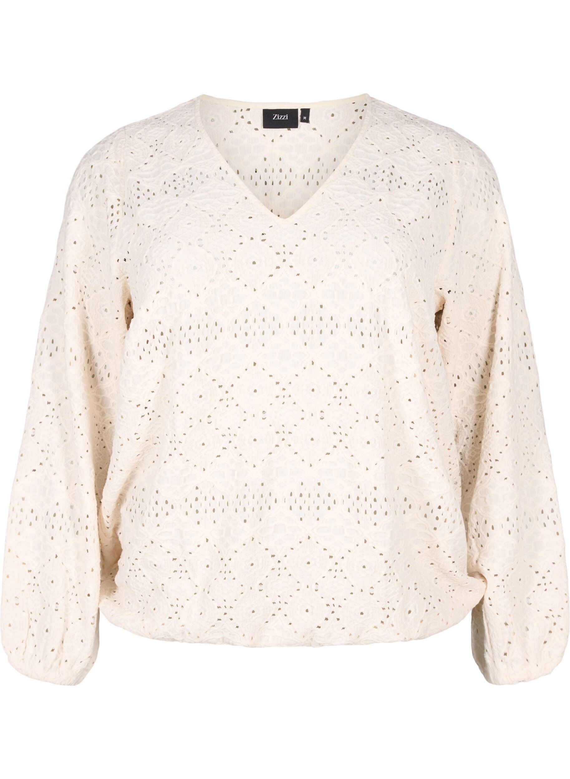 ZizziBlouse met lange mouwen, V-hals en gaatjespatroon, Antique White, Packshot image number 0