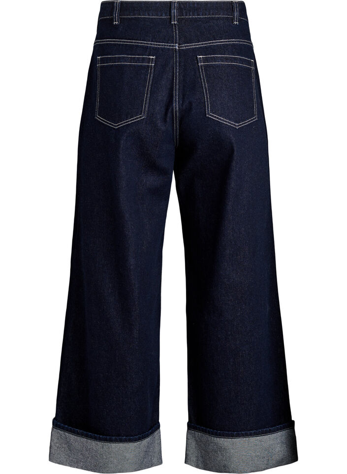 Jean coupe large avec de larges revers et surpiq&ucirc;res contrastantes, Bleu, Packshot image number 1