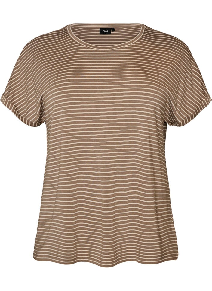 T-shirt ray&eacute; en viscose avec un col rond, Beige, Packshot image number 0