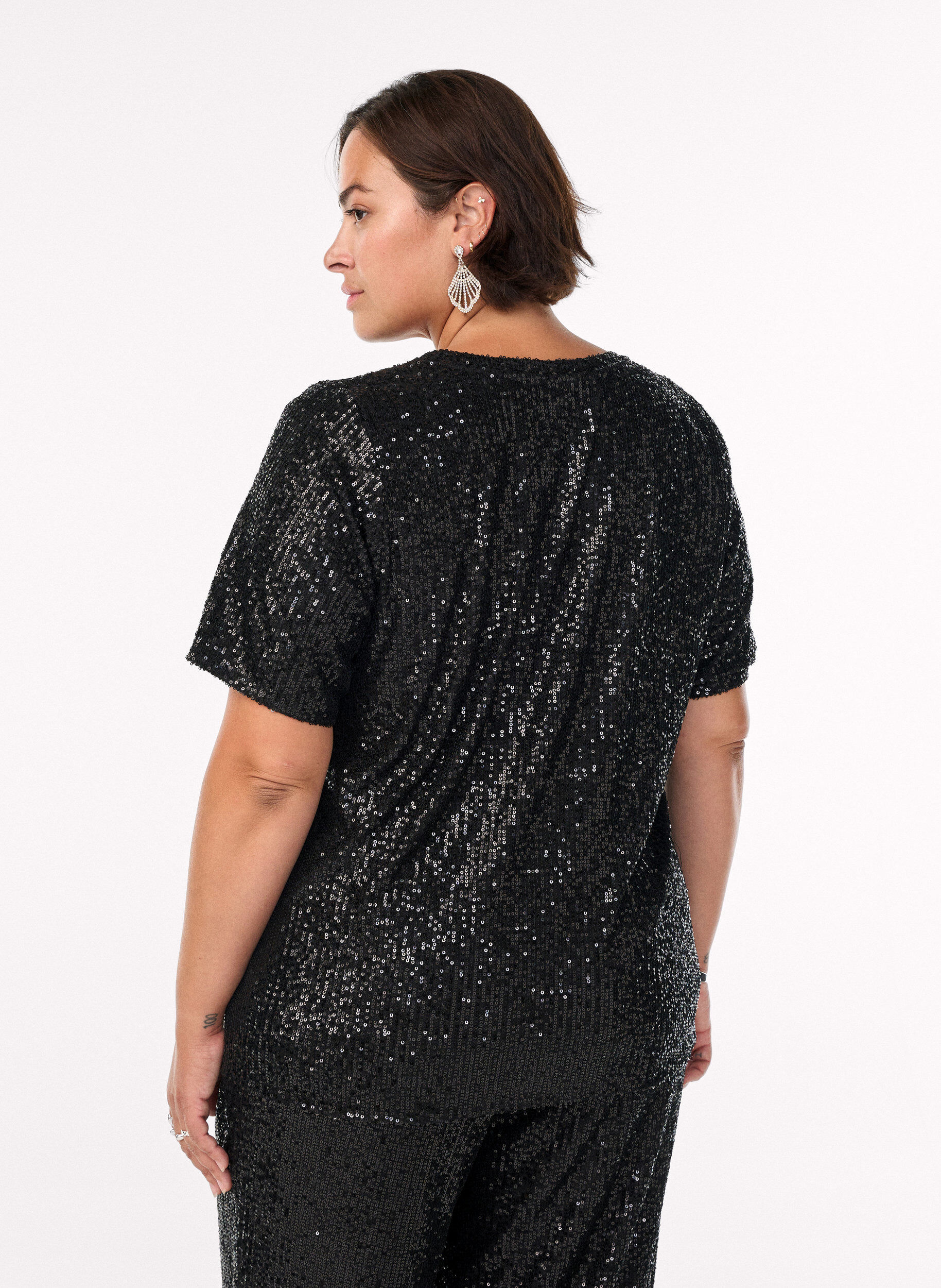 ZizziSequin blouse met V-hals en korte mouwen, Zwart, Model image number 2