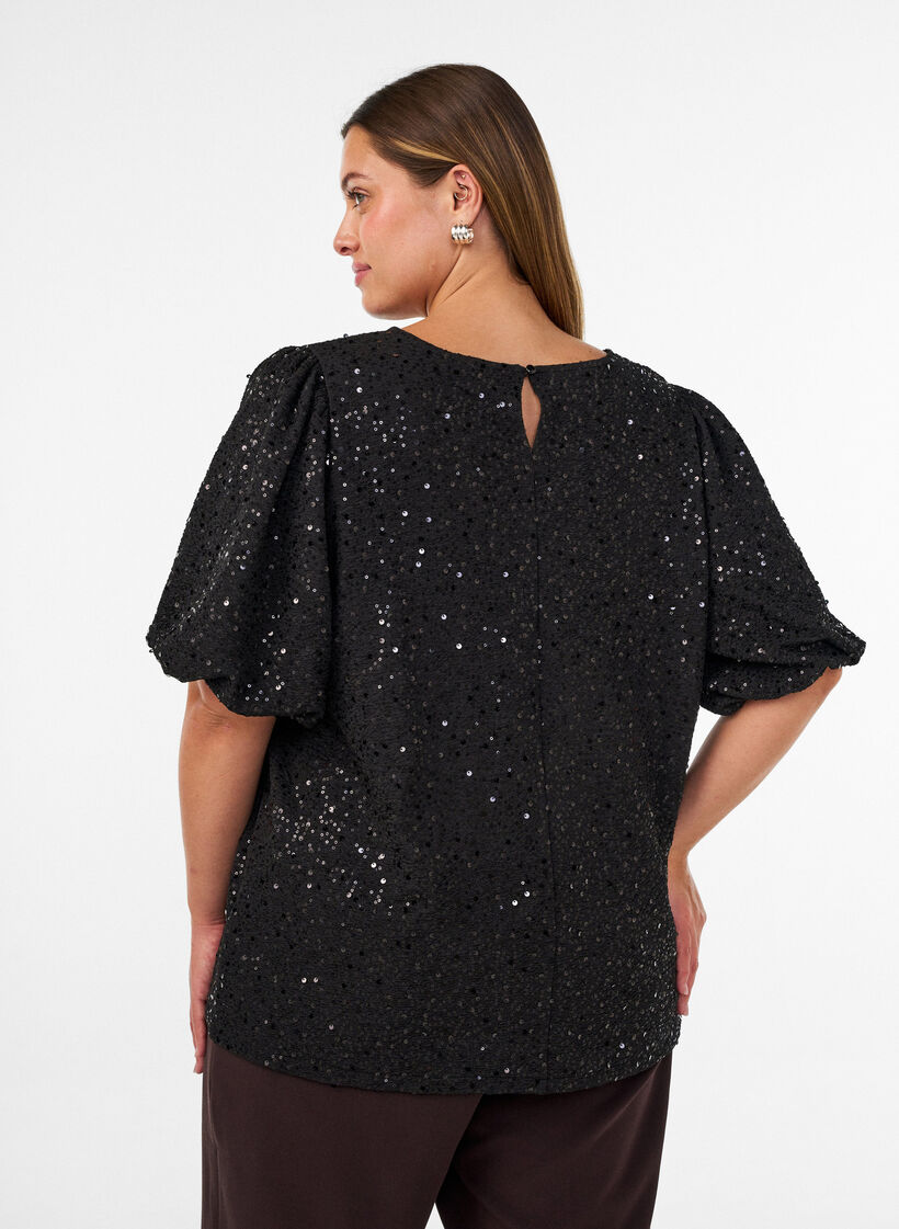 Blouse &agrave; sequins avec manches ballon, Noir, Model image number 2