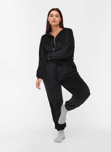 Velours jumpsuit met capuchon en striksluiting, Black, Model image number 0