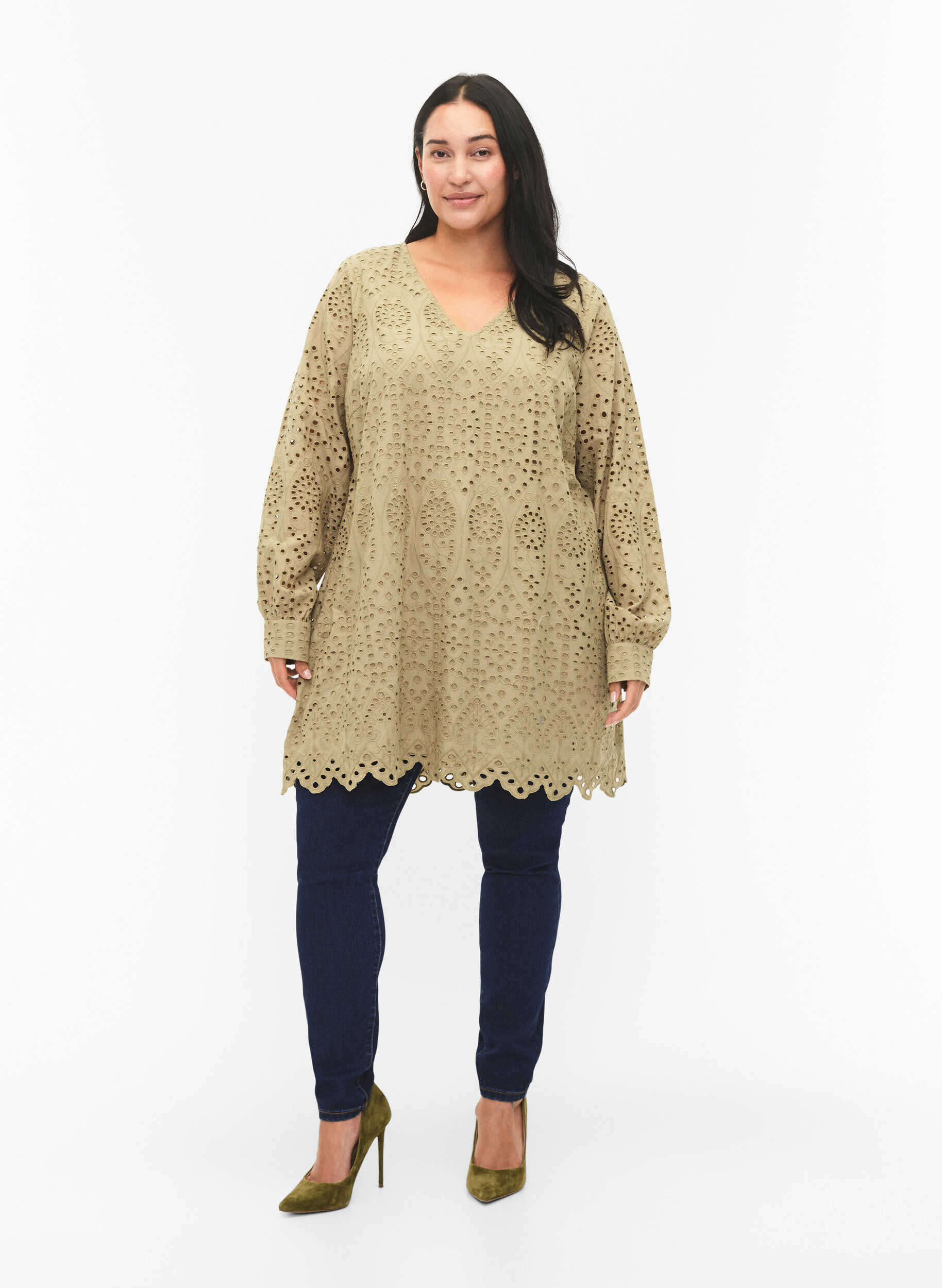 ZizziKatoenen tuniek met broderie anglaise, Coriander, Model image number 2