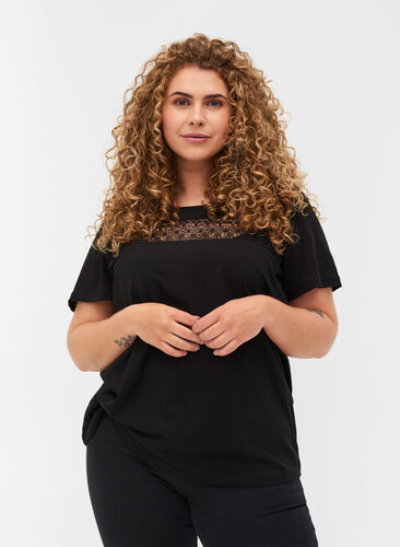 Katoenen t-shirt met kant, Black, Model image number 0