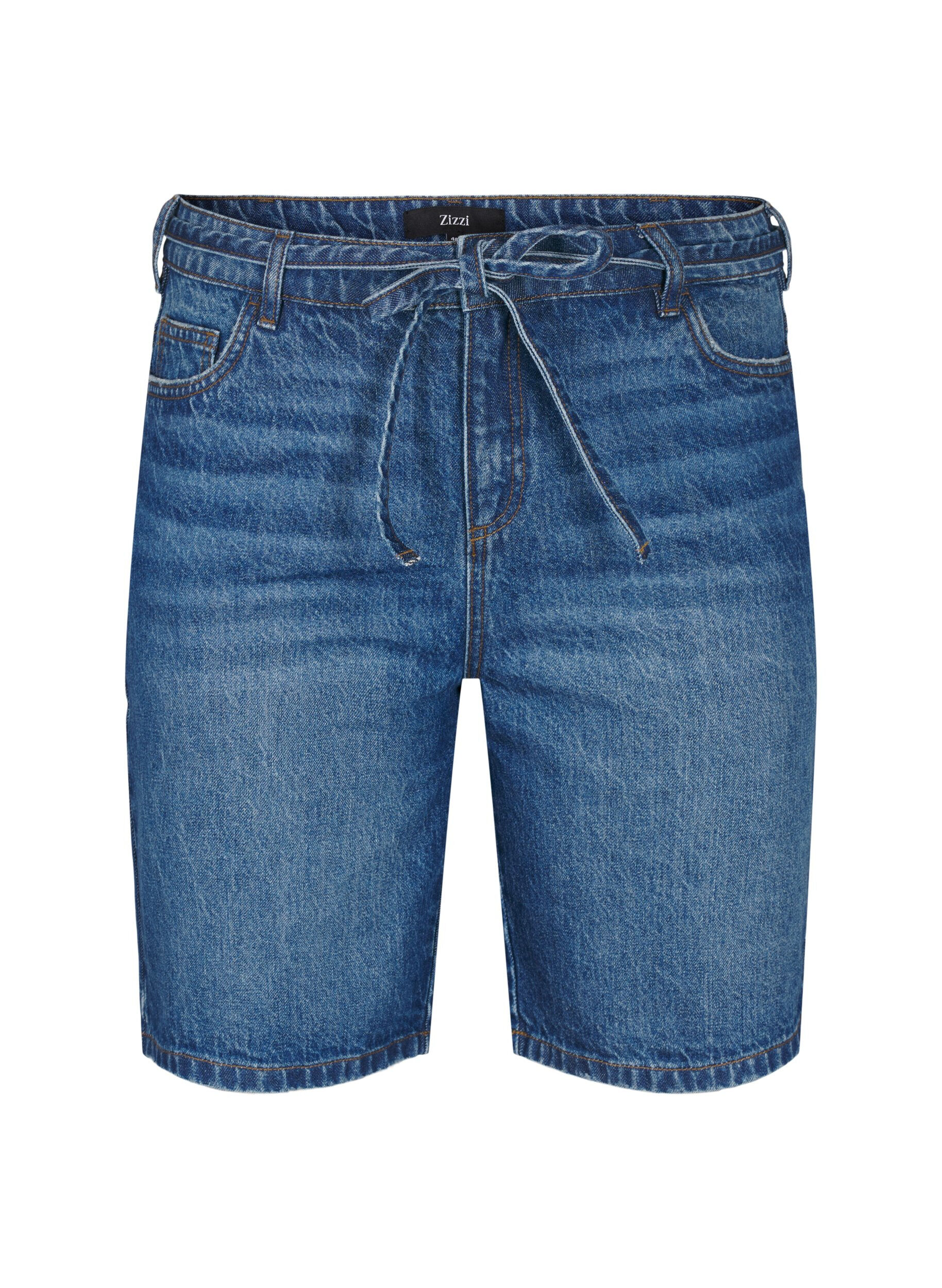 ZizziStrakke pasvorm denim shorts met strikriem, Blauw, Packshot image number 0