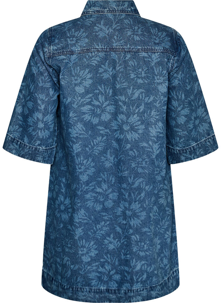 Denimjurk met bloemenprint en borstzakken, Blauw, Packshot image number 1