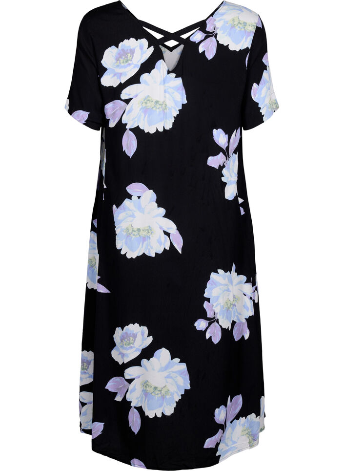 Jurk in viscose met bloemenprint en korte mouwen, Black Big Flower AOP, Packshot image number 1