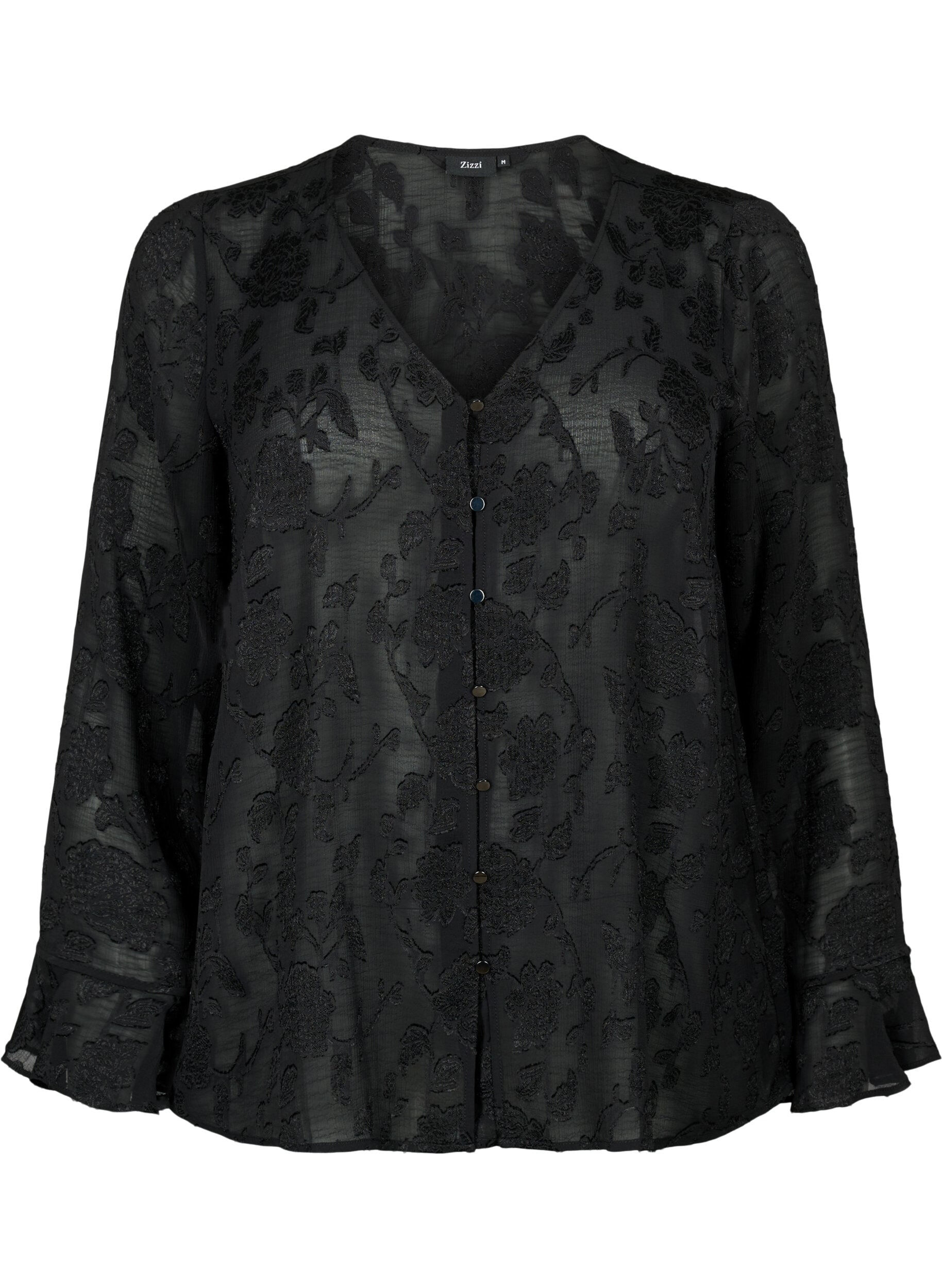 ZizziLange mouw shirt met jacquard look, Black, Packshot image number 0
