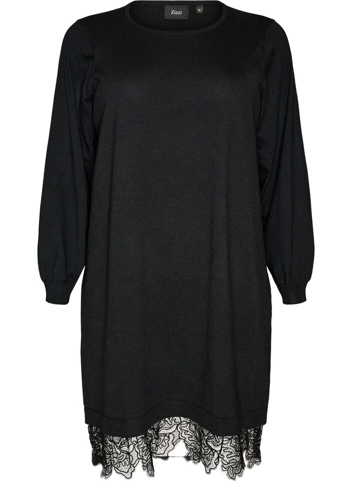 Robe courte en maille avec ourlet en dentelle, Noir, Packshot image number 0