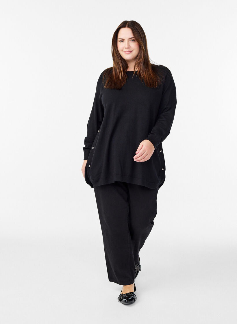 Gebreide blouse met knopen aan de zijkant, Zwart, Model image number 1