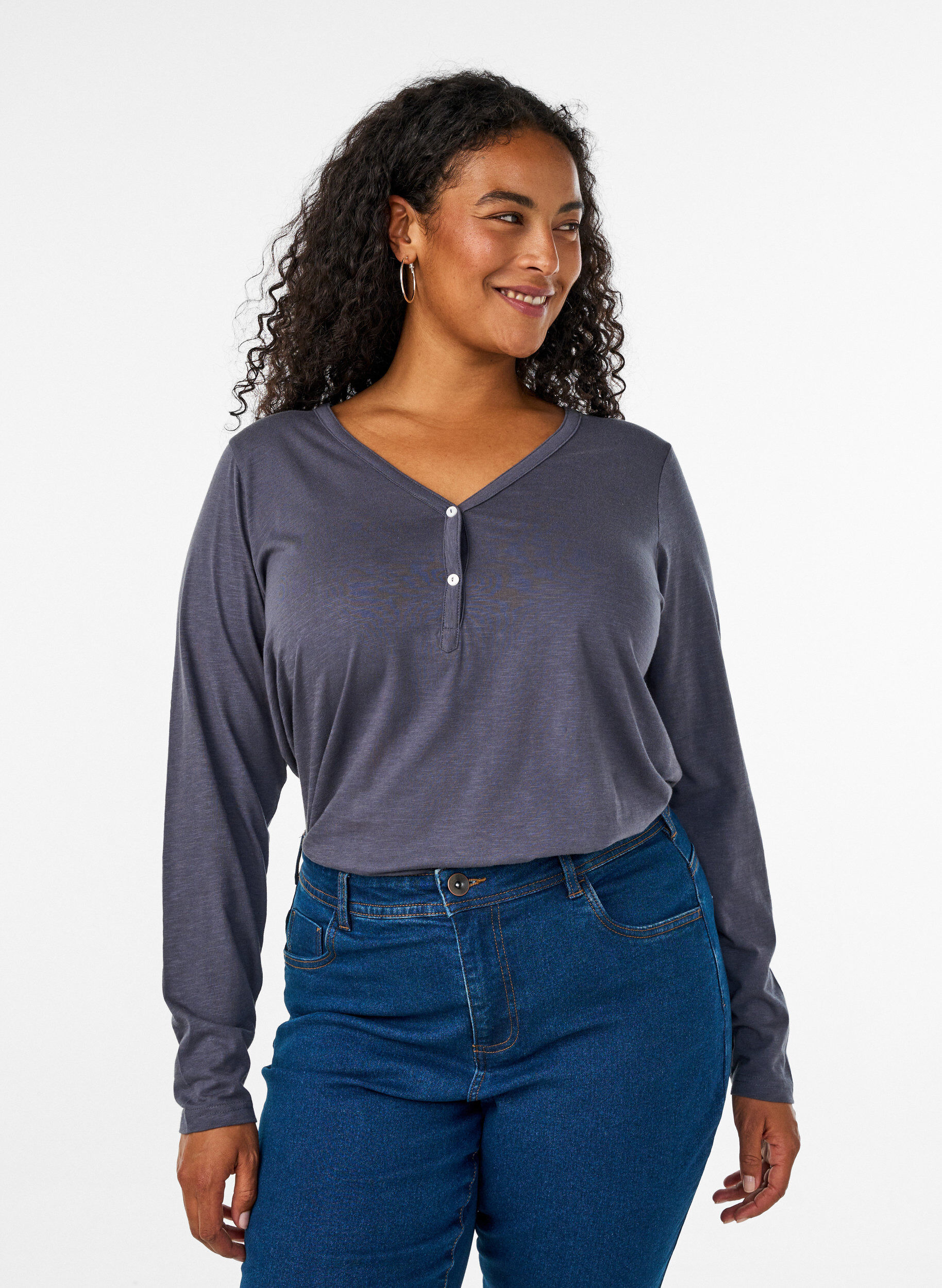 ZizziT-shirt met lange mouwen, V-hals en knopen, Grijs, Model image number 0