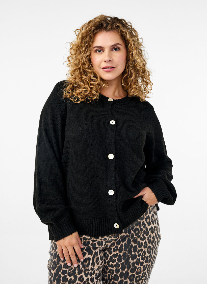 Cardigan en maille comportant de la laine et des boutons, Black Solid, Model image number 0