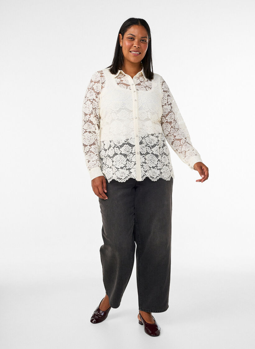 Kanten shirt met parelknopen, Vanille, Model image number 1