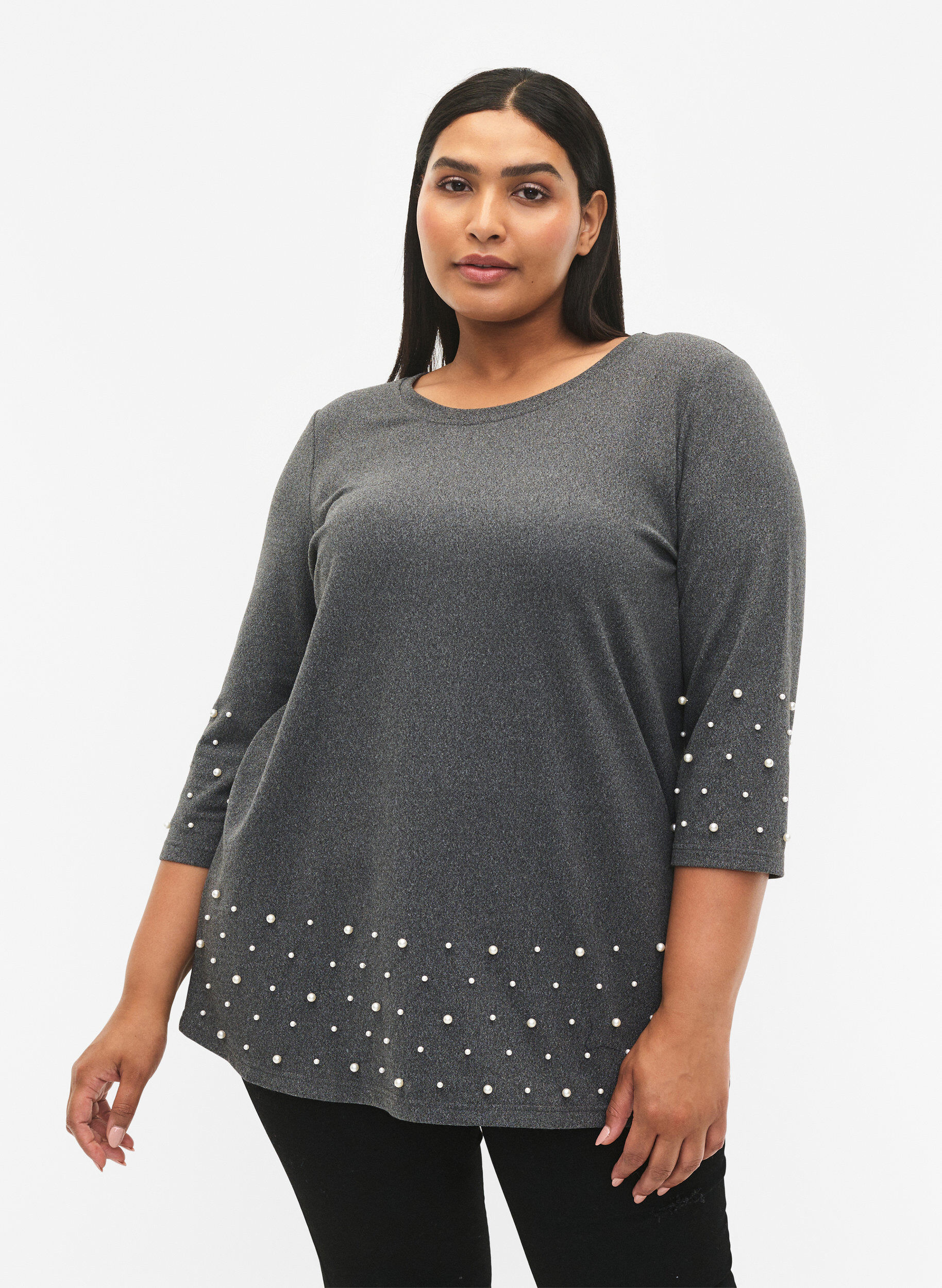 ZizziBlouse met parels en 3/4 mouwen, Dark Grey Melange, Model image number 0