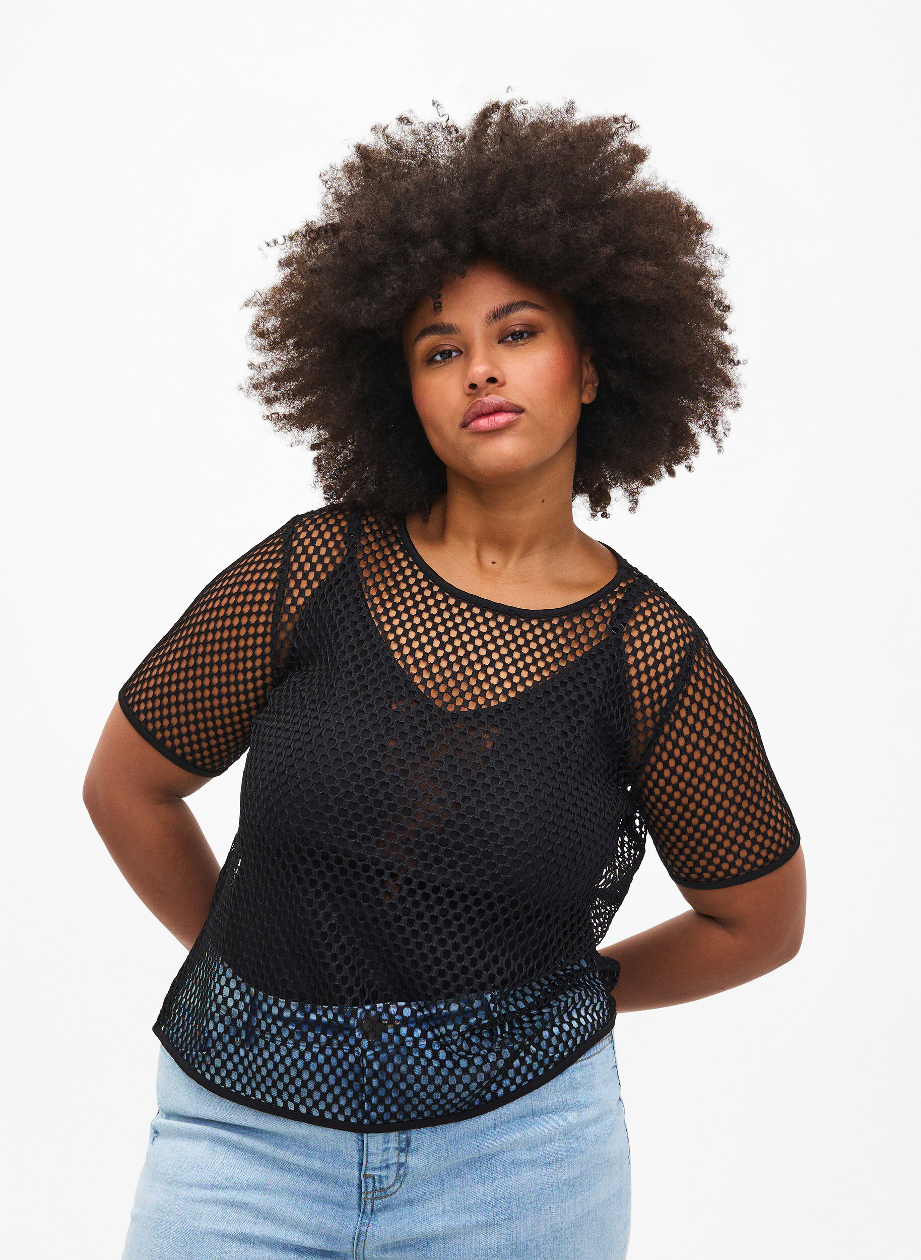 ZizziMesh blouse met korte mouwen, Black, Model image number 0