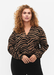 Chemise à col en V avec imprimé zèbre, Black/Brown Zebra, Model