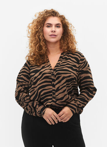 Shirt met V-hals en zebraprint, Black/Brown Zebra, Model image number 0