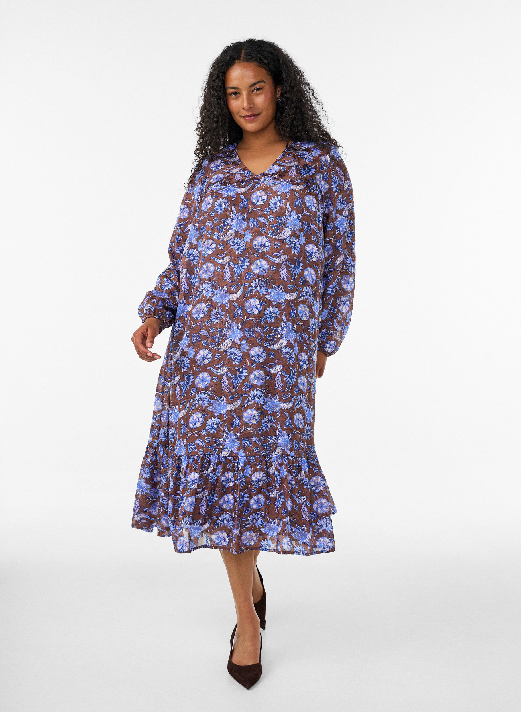 ZizziMidijurk met bloemenprint en ruchezoom, Bruin, Model image number 0