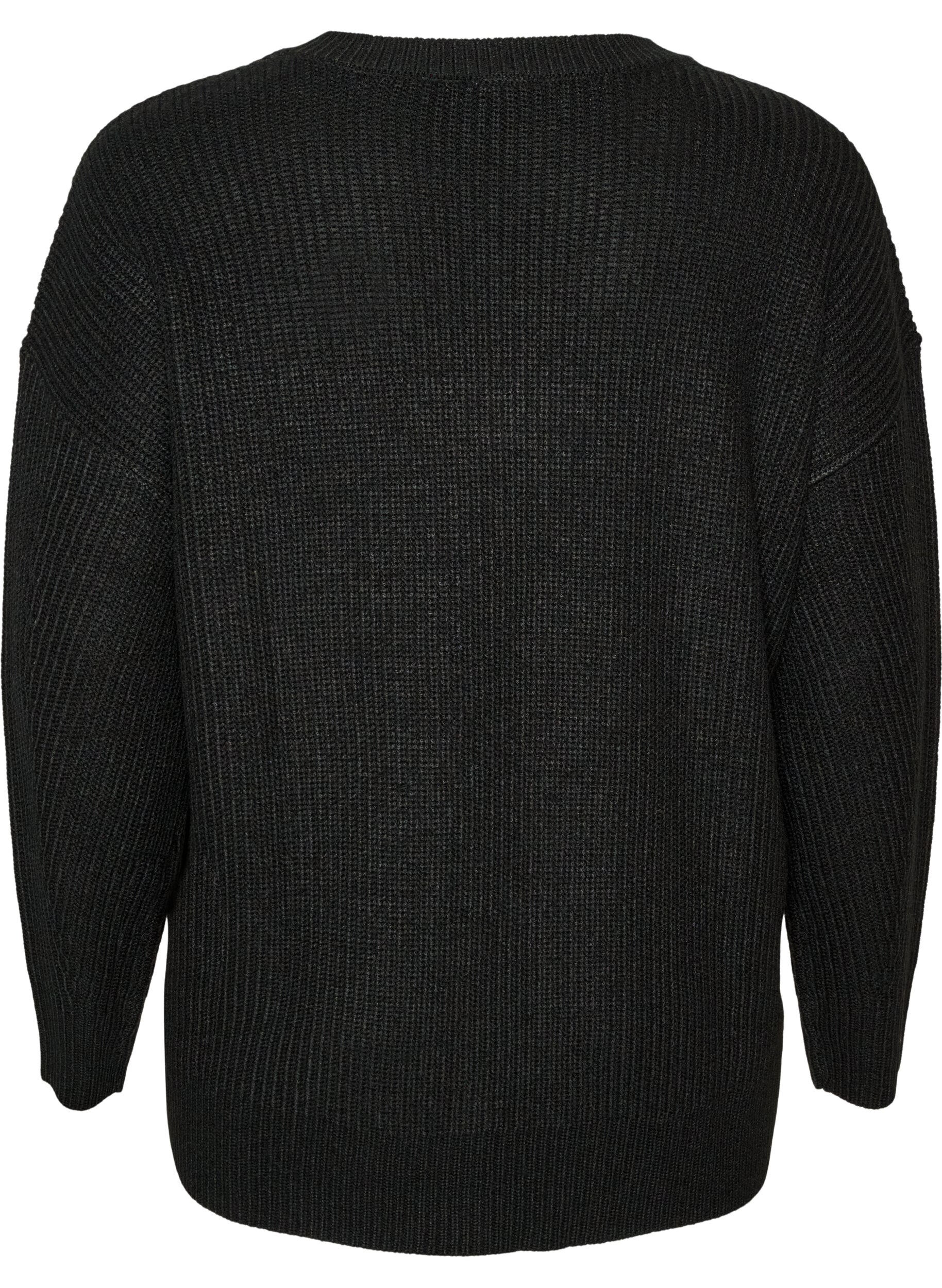 ZizziBlouse longue en maille c&ocirc;tel&eacute;e avec col en V, Noir, Packshot image number 1