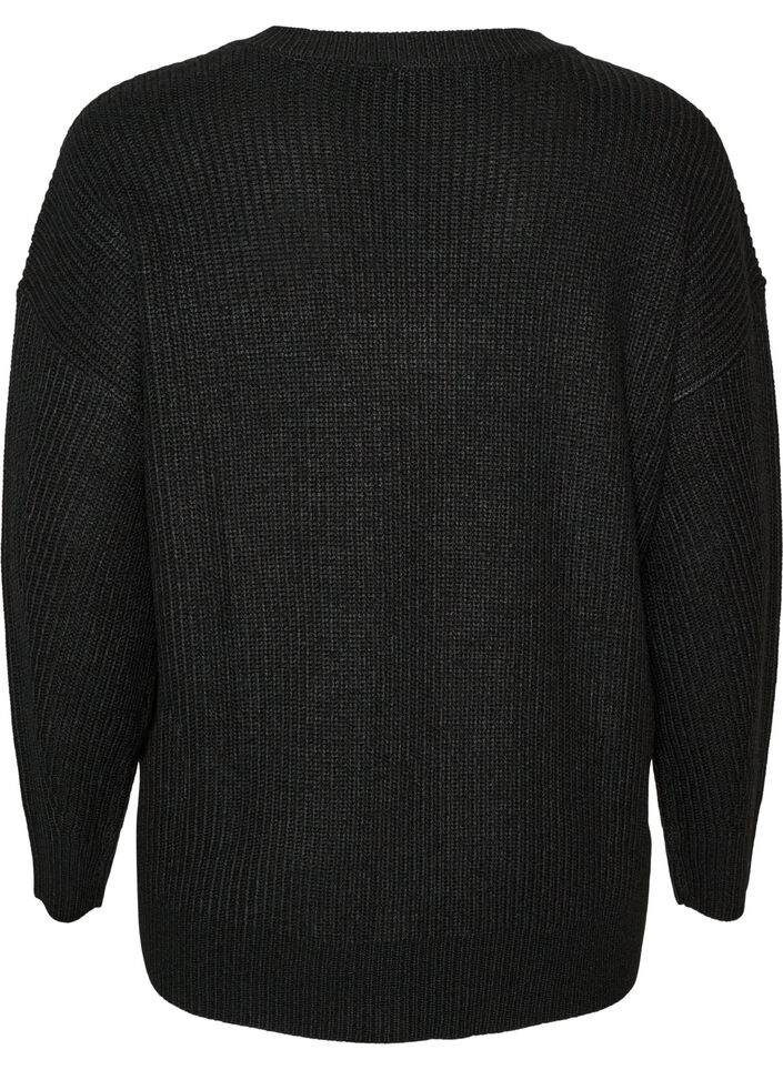 Blouse longue en maille c&ocirc;tel&eacute;e avec col en V, Noir, Packshot image number 1