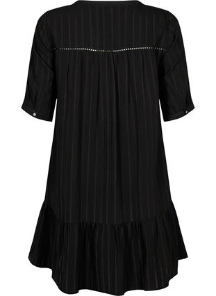 Gestreepte viscose jurk met kanten lint, Black, Packshot image number 1