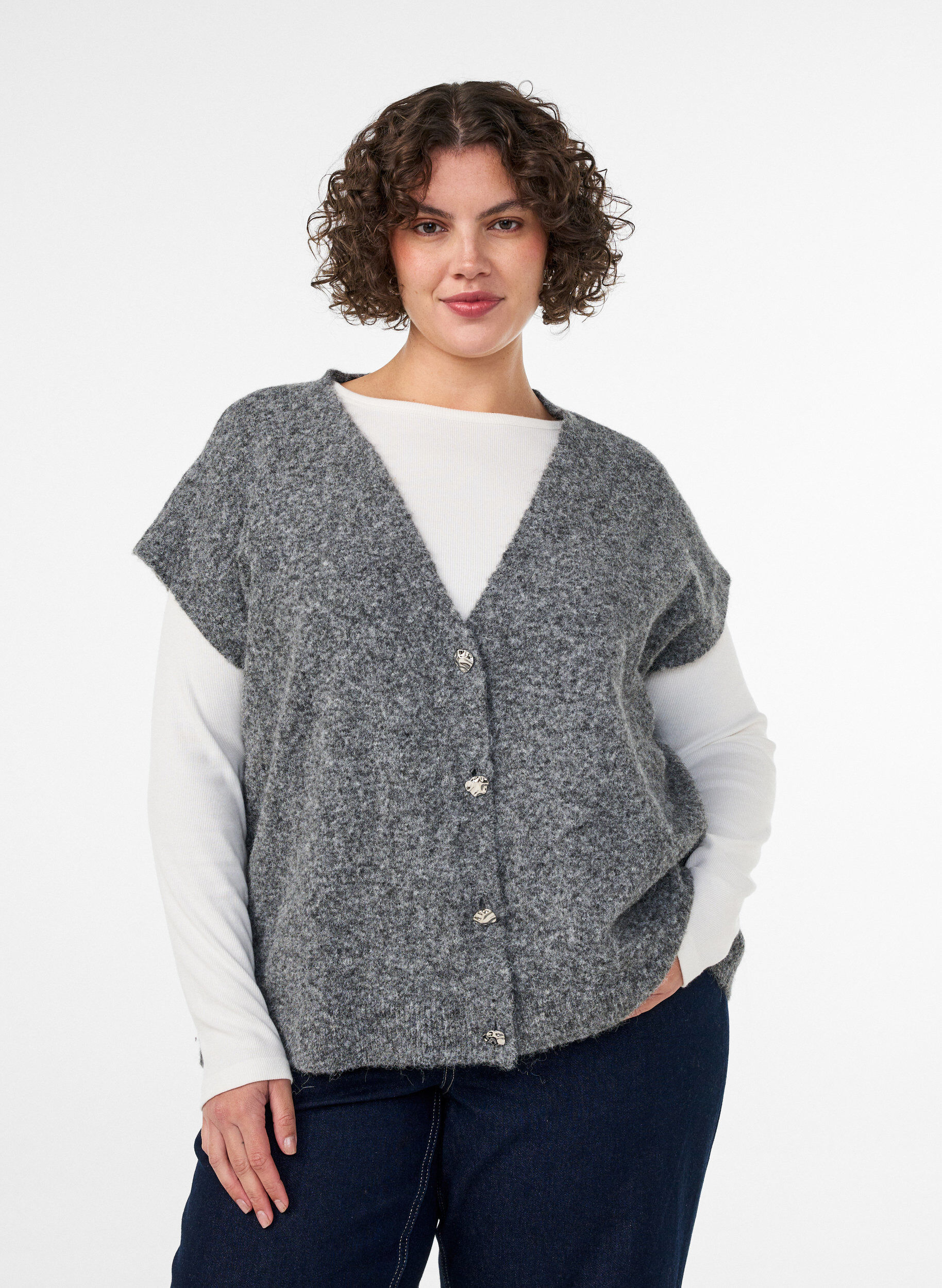 ZizziGebreid gilet met V-hals en decoratieve knopen, Grijs, Model image number 0