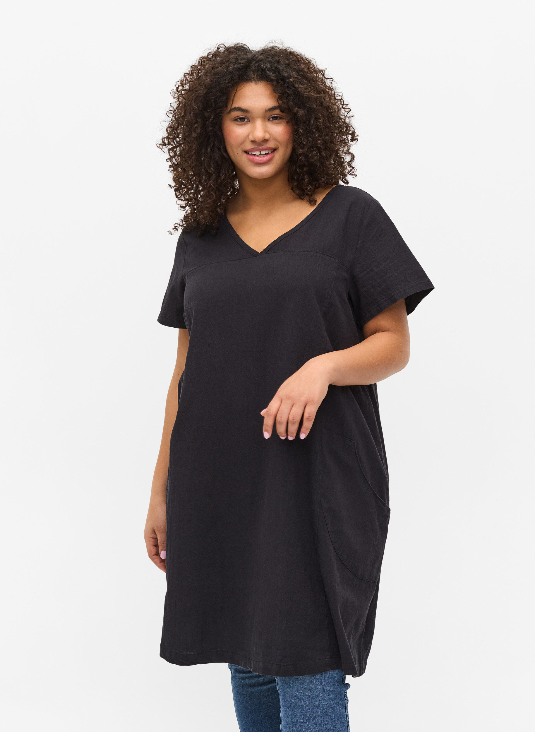 ZizziKatoenen jurk met korte mouwen, Zwart, Model image number 0