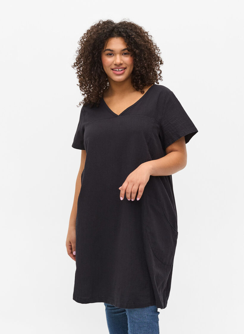 Katoenen jurk met korte mouwen, Zwart, Model image number 0