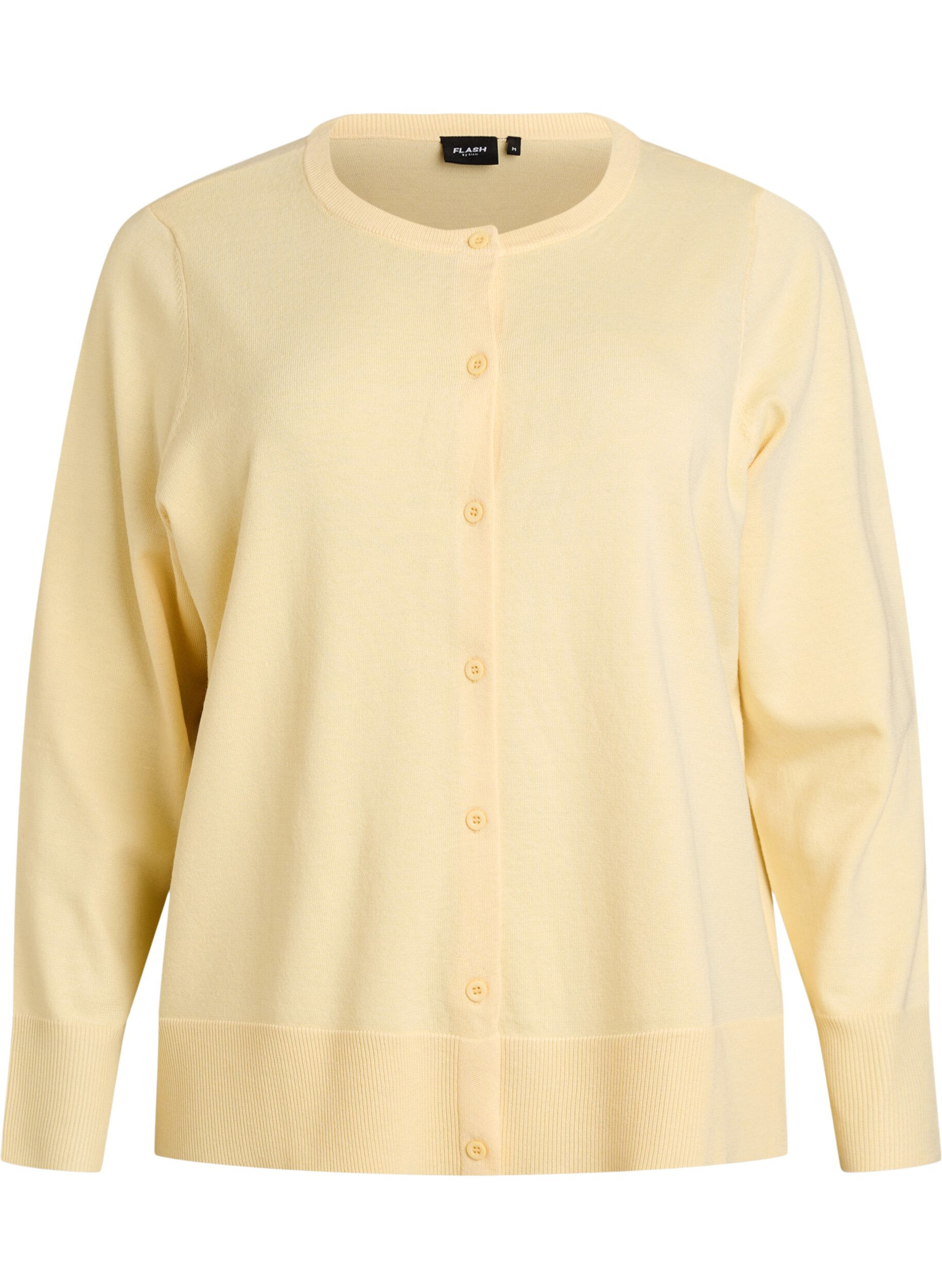 Zizzi Cardigan en maille fine avec col rond, Jaune clair, Packshot image number 0