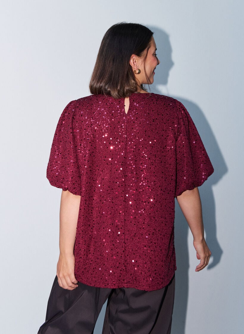 Blouse &agrave; sequins avec manches ballon, Bordeaux, Model image number 2