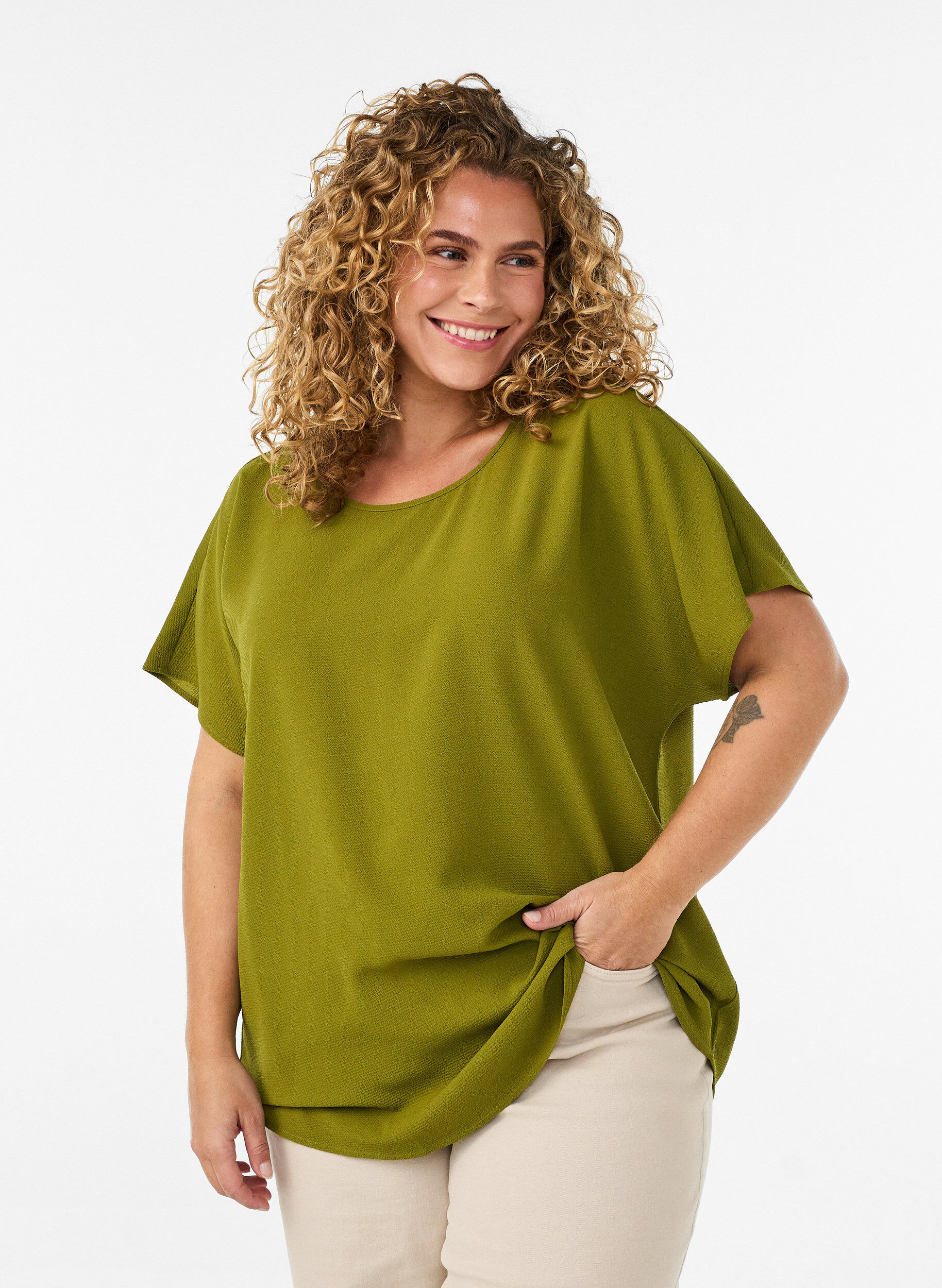 Top met korte mouwen en ronde hals, Groen, Model