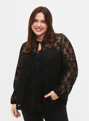 Kanten blouse met strikdetail, Black, Model image number 0