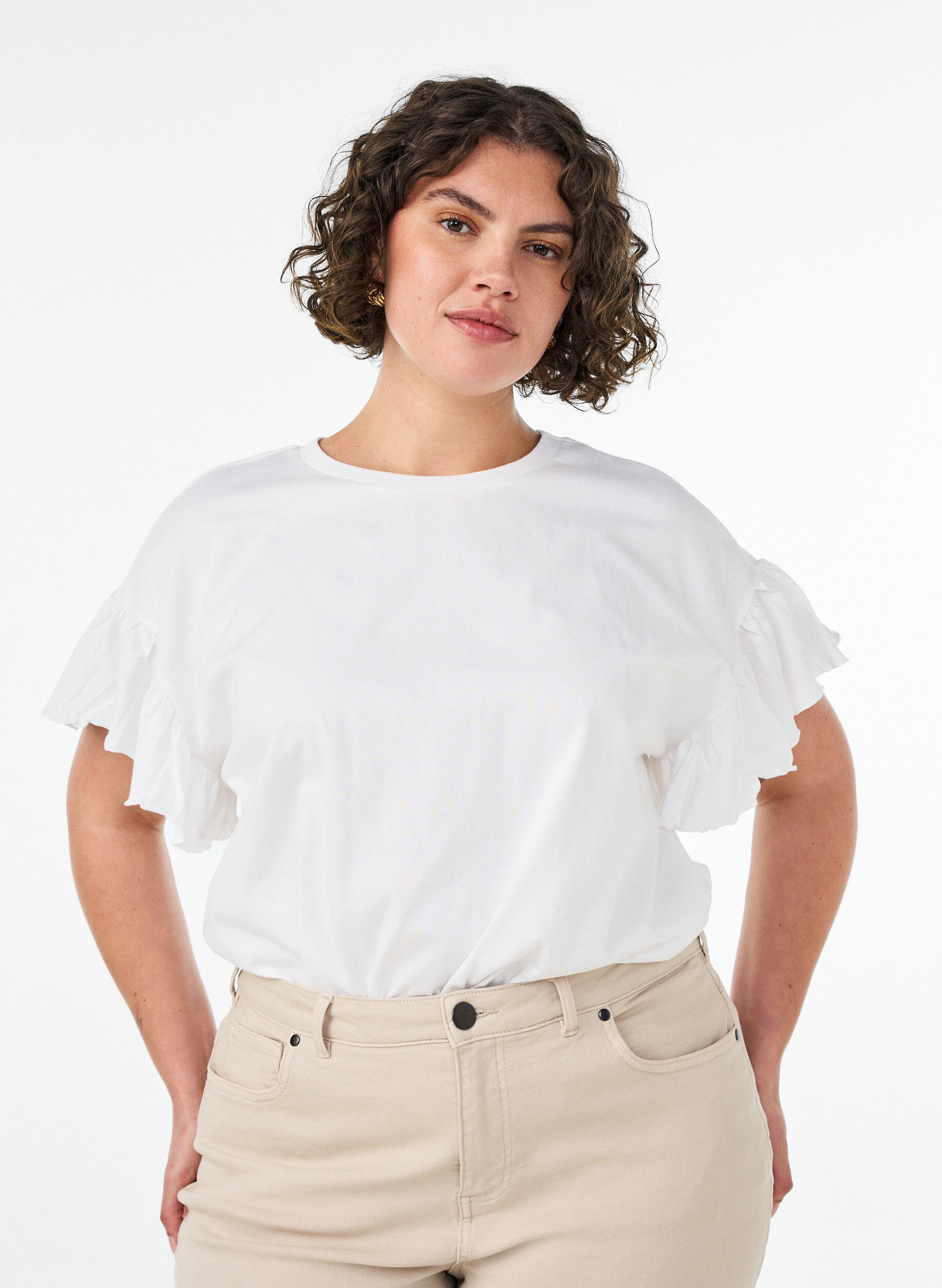 ZizziT-shirt van biologisch katoen met ruches mouwen, Wit, Model image number 0