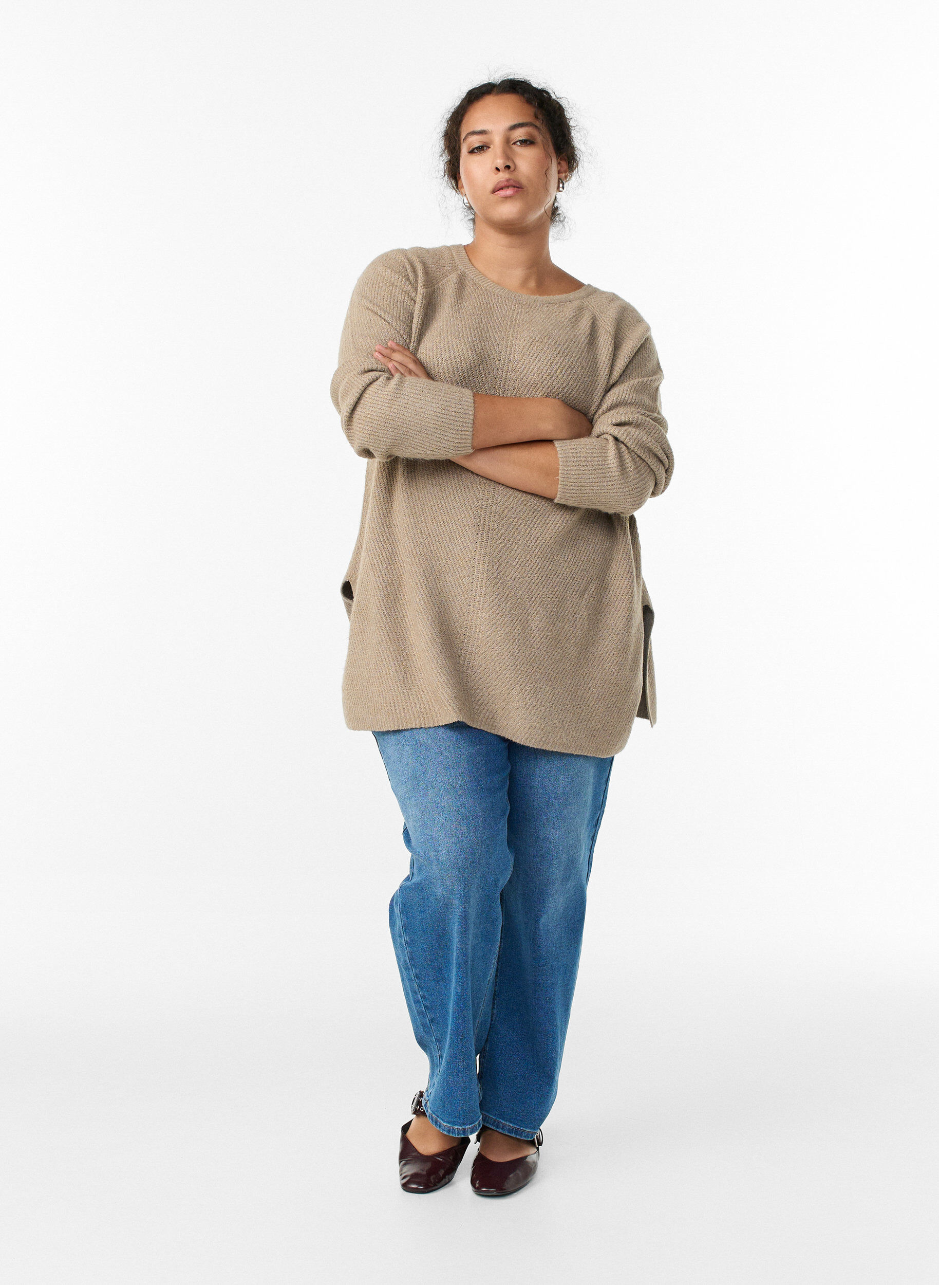 ZizziPull en maille &agrave; motif diagonal et manches raglan, Beige, Model image number 1
