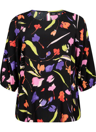 Viscose blouse met print en 3/4 mouwen, Faded Tulip AOP, Packshot image number 0