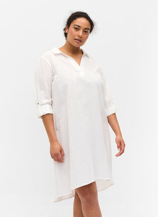 Gestreepte jurk gemaakt van katoen en linnen, White, Model image number 0