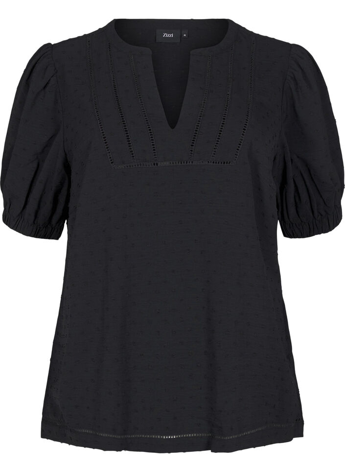 Blouse à manches courtes bouffantes et texture pointelle, Black, Packshot image number 0