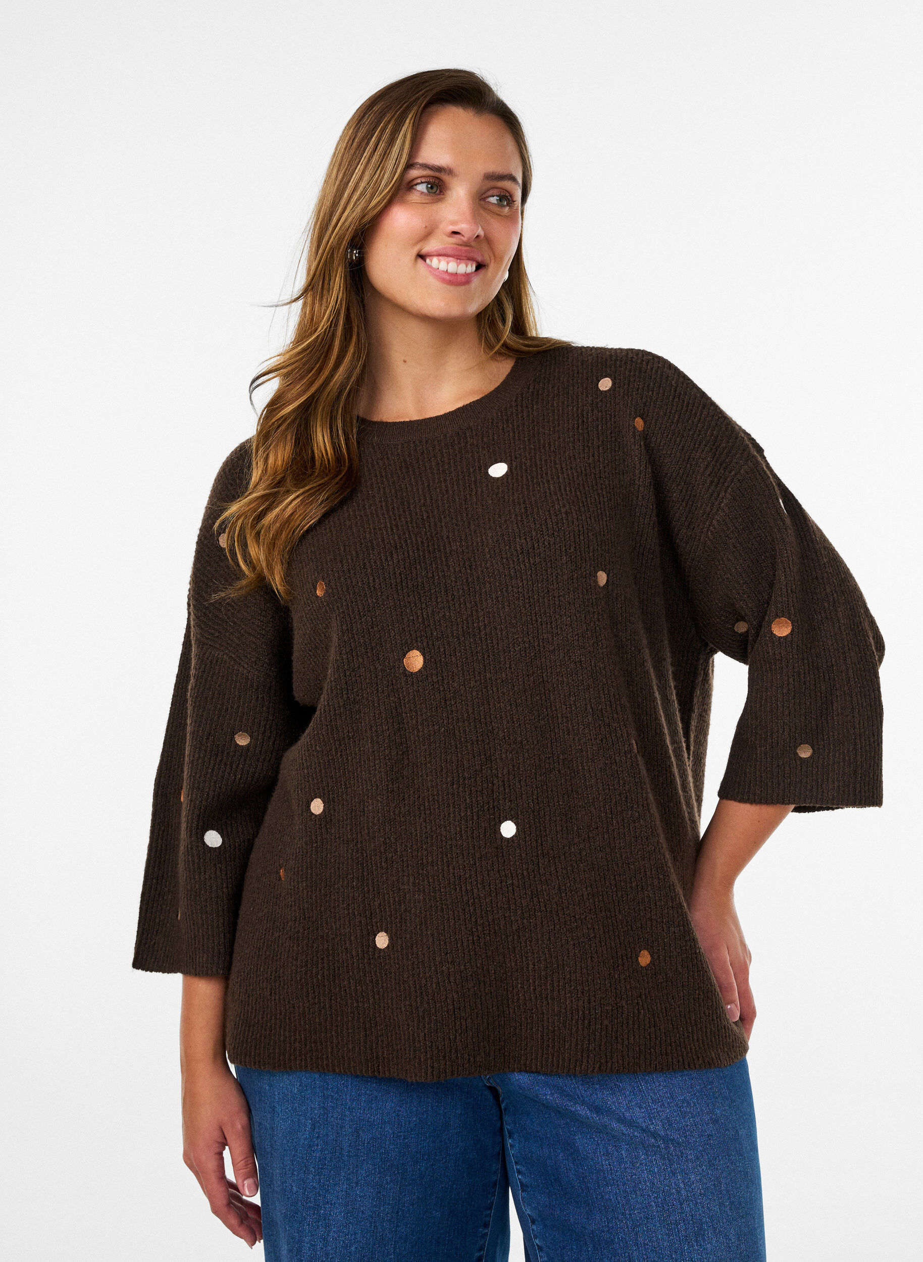 ZizziBlouse en maille avec de petits motifs brod&eacute;s, Marron, Model image number 0