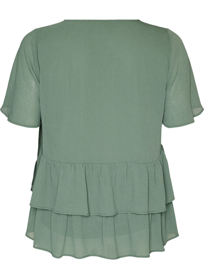 Blouse met V-hals en ruches, Groen, Packshot image number 1
