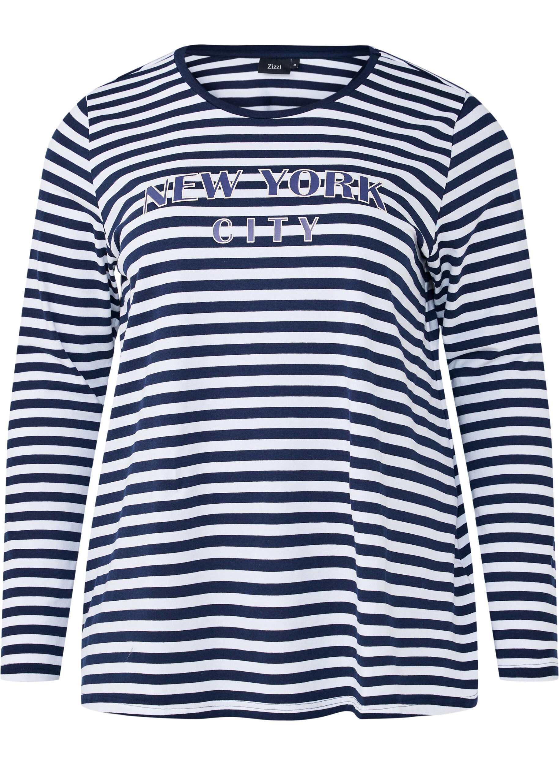 ZizziGestreepte blouse met motief, White w.Navy Stripe, Packshot image number 0