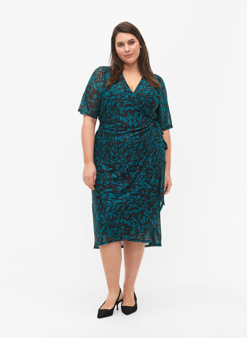 Robe midi enveloppante imprimée, Black Green AOP, Model image number 2