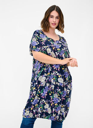 Viscose jurk met print en korte mouwen , Blue Flower AOP, Model image number 0