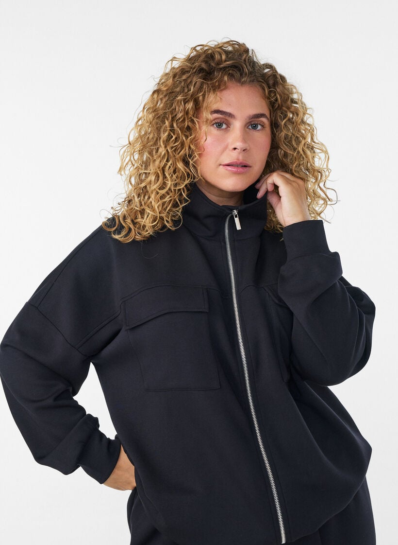 Jersey vest met rits en hoge kraag, Zwart, Model image number 3