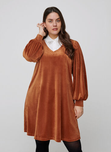 Velours jurk met lange pofmouwen, Brown ASS, Model image number 0