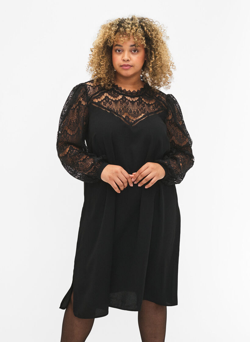 Robe à manches longues avec dentelle, Black, Model image number 0