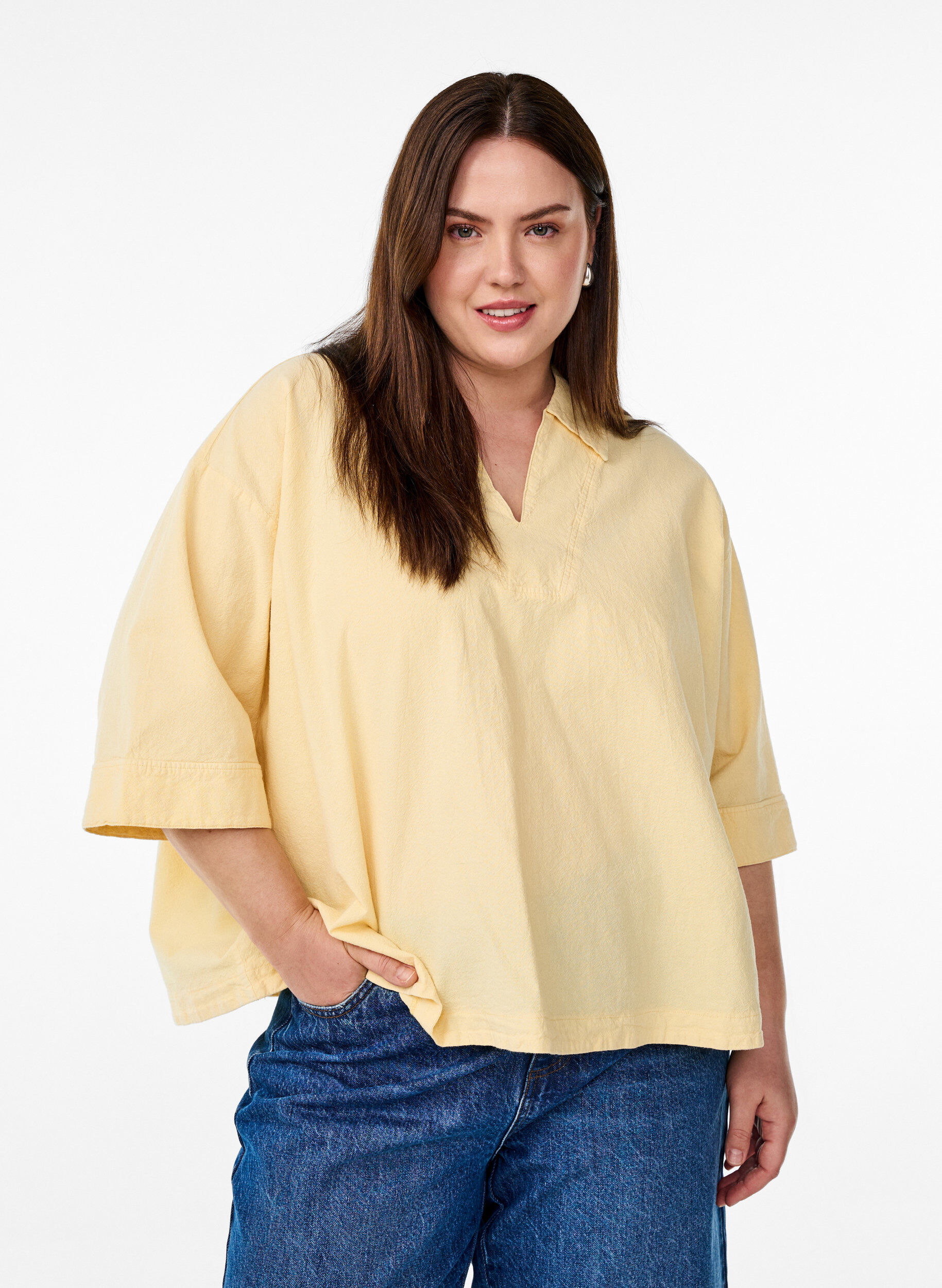 Zizzi Blouse ample avec col et manches 1/2, Jaune clair, Model image number 0