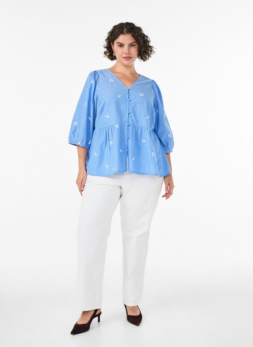 Katoenen blouse met geborduurde bloemen en knoopsluiting, Blauw, Model image number 1